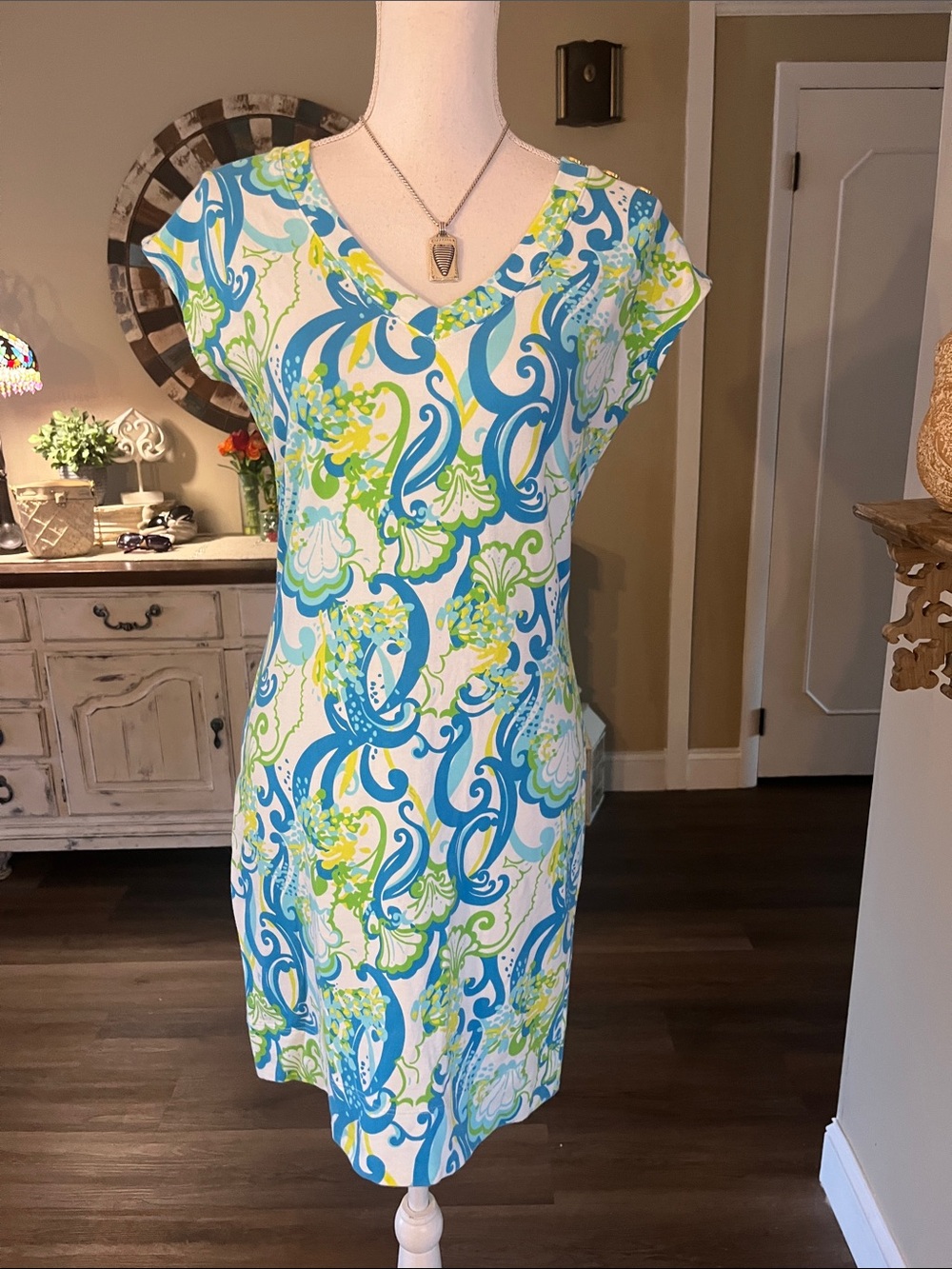 Lilly Pulitzer White Dress with Blue and Lime Green Swirl Print